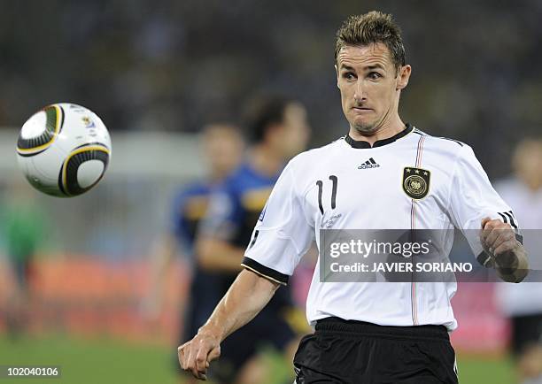 Germany's striker Miroslav Klose controls the ball during the Group D first round 2010 World Cup football match Germany vs. Australia on June 13,...