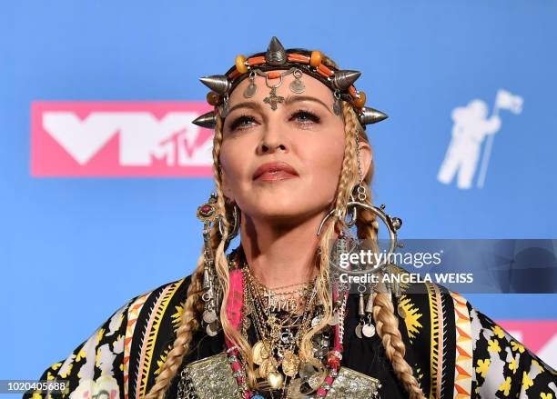 Madonna poses in the press room at the 2018 MTV Video Music Awards at Radio City Music Hall on August 20, 2018 in New York City.