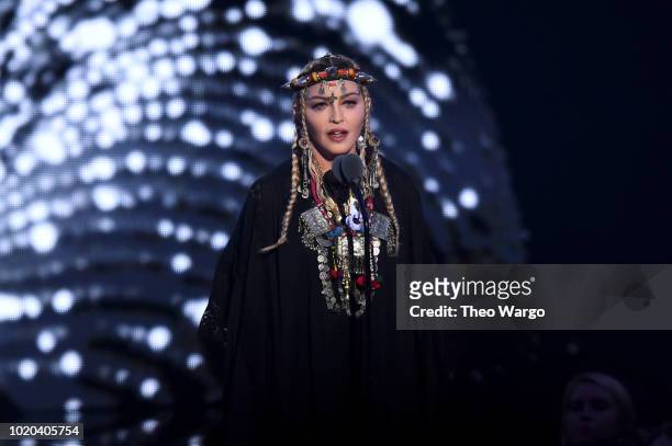 Madonna speaks onstage during the 2018 MTV Video Music Awards at Radio City Music Hall on August 20, 2018 in New York City.