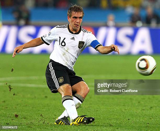 Philipp Lahm of Germany crosses a ball during the 2010 FIFA World Cup South Africa Group D match between Germany and Australia at Durban Stadium on...