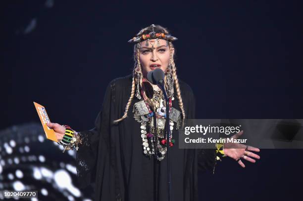 Madonna speaks onstage during the 2018 MTV Video Music Awards at Radio City Music Hall on August 20, 2018 in New York City.