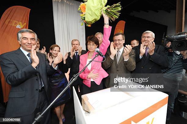 Chairwoman Marianne Thyssen delivers a speech at the Flemish Christian Democrats party CD&V elections meeting during Federal Election Day, on June...