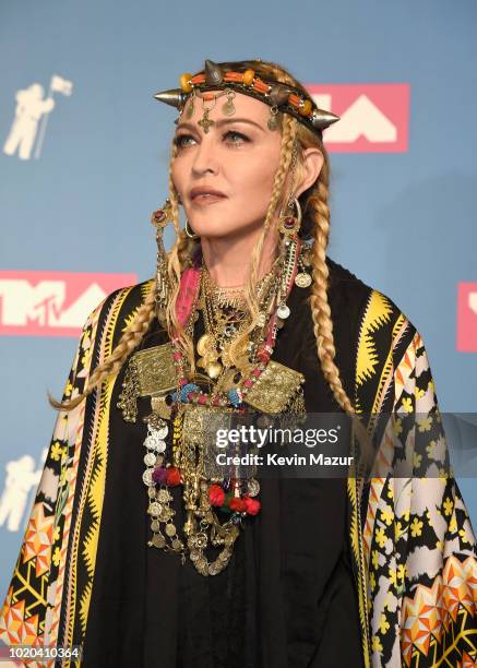 Madonna poses backstage during the 2018 MTV Video Music Awards at Radio City Music Hall on August 20, 2018 in New York City.
