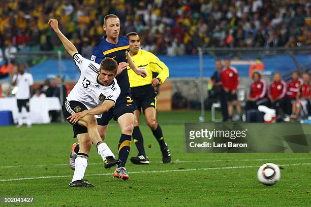 Thomas Mueller of Germany scores his side's third goal during the 2010 FIFA World Cup South Africa Group D match between Germany and Australia at...