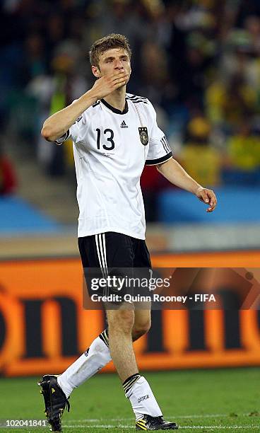 Thomas Mueller of Germany celebrates after scoring his team's third goal during the 2010 FIFA World Cup South Africa Group D match between Germany...