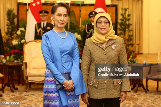 Myanmar State Counsellor Aung San Suu Kyi meets with Singapore President, Halimah Yacob at the Istana on August 21, 2018 in Singapore. Aung San Suu...