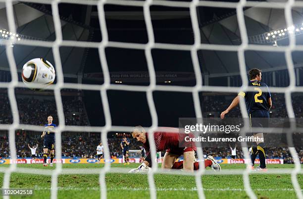 Cacau of Germany scores his side's fourth goal past Mark Schwarzer of Australia during the 2010 FIFA World Cup South Africa Group D match between...