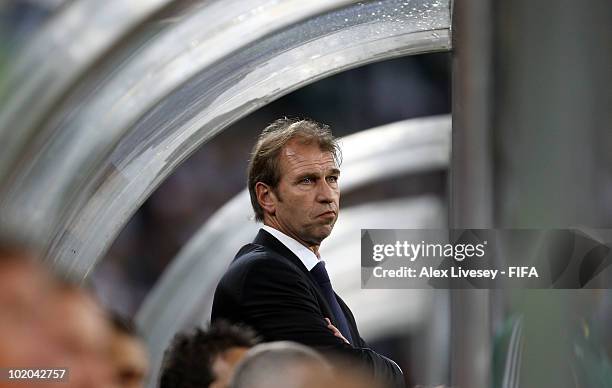 Pim Verbeek head coach of Australia looks thoughtful during the 2010 FIFA World Cup South Africa Group D match between Germany and Australia at...