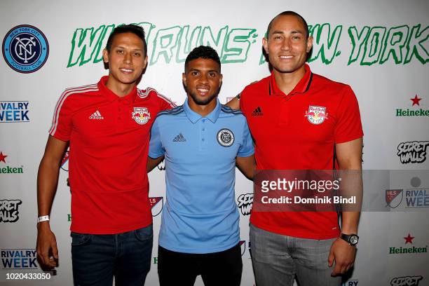 Sean Akira Davis, Ismael Shradi Tajouri and Luis Robles attend the Major League Soccer Kicks Off Heineken Rivalry Week on August 20, 2018 in...
