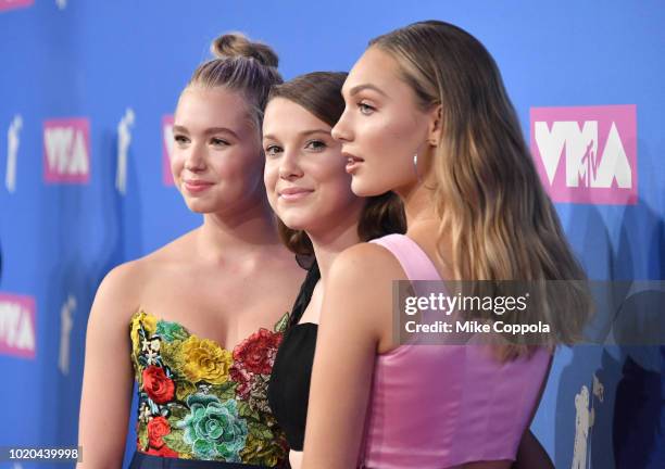 Actress Lilia Buckingham, British actress Millie Bobby Brown and US dancer Maddie Ziegler attend the 2018 MTV Video Music Awards at Radio City Music...