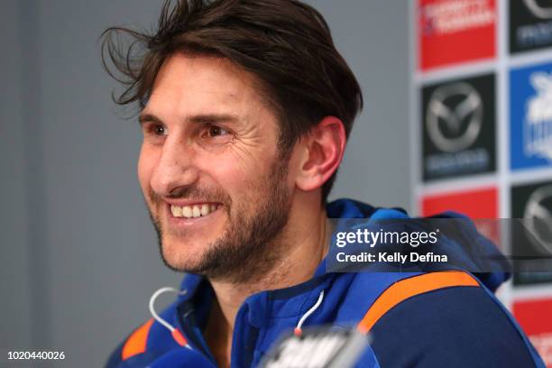 Jarrad Waite of the North Melbourne Kangaroos speaks to the media during a press conference at Arden Street Ground on August 21, 2018 in Melbourne,...