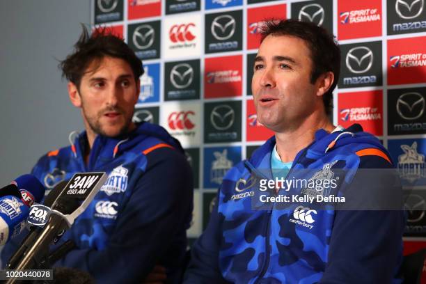 Jarrad Waite of the North Melbourne Kangaroos and Brad Scott head coach of North Melbourne speak to the media during a press conference at Arden...