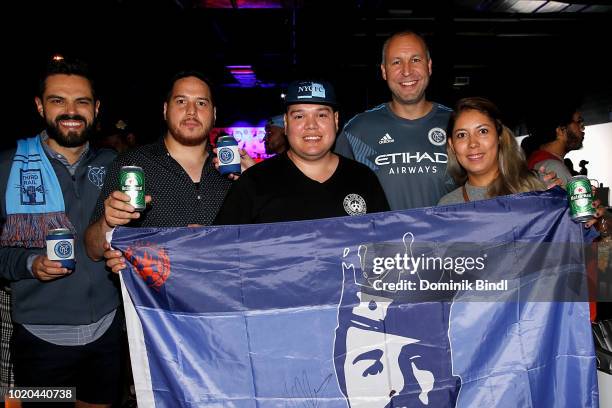 Guests celebrate at the Major League Soccer Kicks Off Heineken Rivalry Week on August 20, 2018 in Brooklyn, New York.