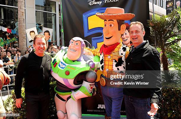 Actors Tim Allen and Tom Hanks arrives at premiere of Walt Disney Pictures' "Toy Story 3" held at El Capitan Theatre on June 13, 2010 in Hollywood,...