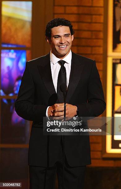 Mark Sanchez speaks onstage during the 64th Annual Tony Awards at Radio City Music Hall on June 13, 2010 in New York City.