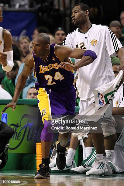 Kobe Bryant of the Los Angeles Lakers reacts after he made a basket against Tony Allen of the Boston Celtics during Game Five of the 2010 NBA Finals...