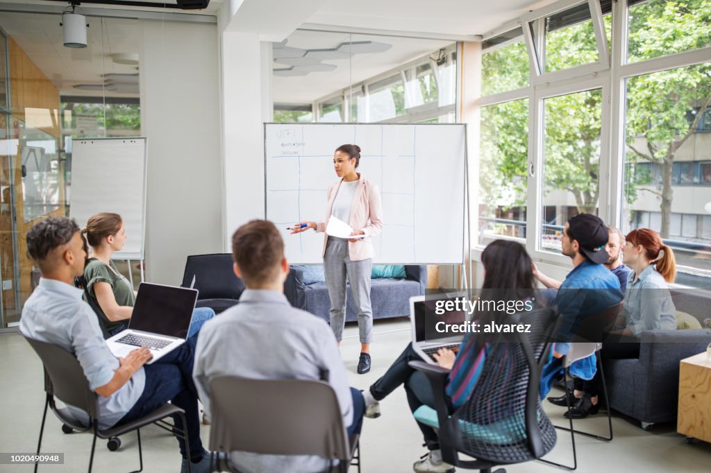 Businesswoman giving presentation to team