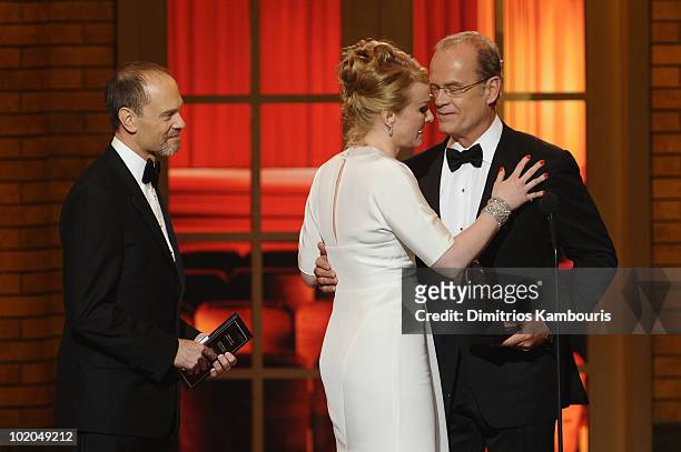 David Hyde Pierce and Kelsey Grammer present Katie Finneran with her award onstage during the 64th Annual Tony Awards at Radio City Music Hall on...