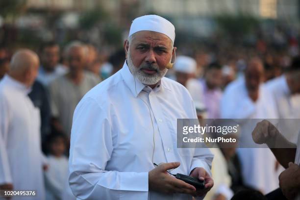Palestinian top Hamas leader Ismail Haniyeh, leads Muslims in the Eid al-Adha in Gaza City, Tuesday, Aug. 21, 2018.