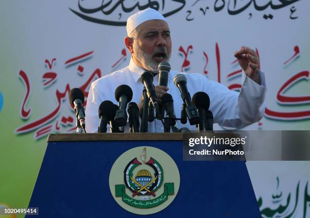 Senior Hamas leader Ismail Haniyeh gives a speech during Eid al-Adha prayers in Gaza City, Tuesday, Aug. 21, 2018.