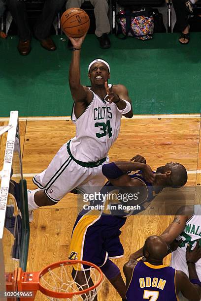 Paul Pierce of the Boston Celtics attempts a shot in the second quarter against Kobe Bryant of the Los Angeles Lakers during Game Five of the 2010...