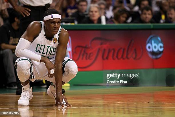 Rajon Rondo of the Boston Celtics looks on in the fourth quarter during Game Five of the 2010 NBA Finals against the Los Angeles Lakers on June 13,...