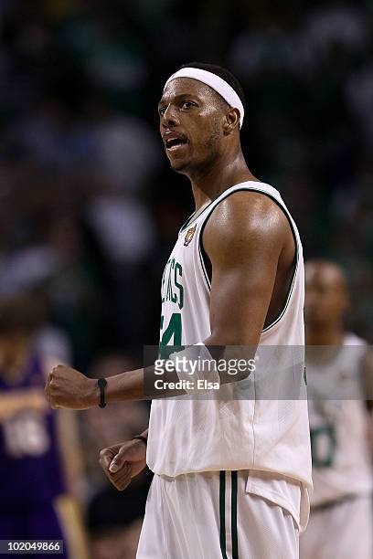 Paul Pierce of the Boston Celtics celebrates after a play against the Los Angeles Lakers in the fourth quarter during Game Five of the 2010 NBA...