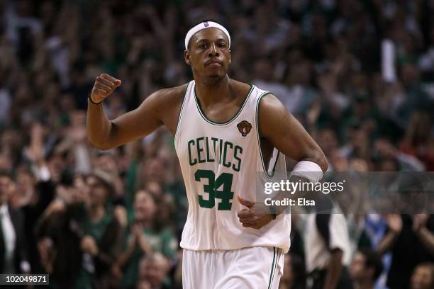 Paul Pierce of the Boston Celtics celebrates after a play against the Los Angeles Lakers in the fourth quarter during Game Five of the 2010 NBA...