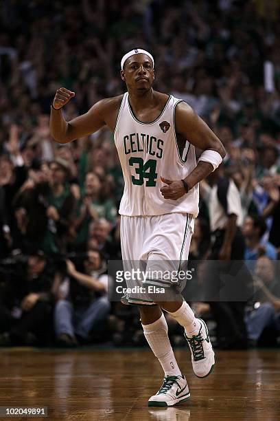 Paul Pierce of the Boston Celtics celebrates after a play against the Los Angeles Lakers in the fourth quarter during Game Five of the 2010 NBA...