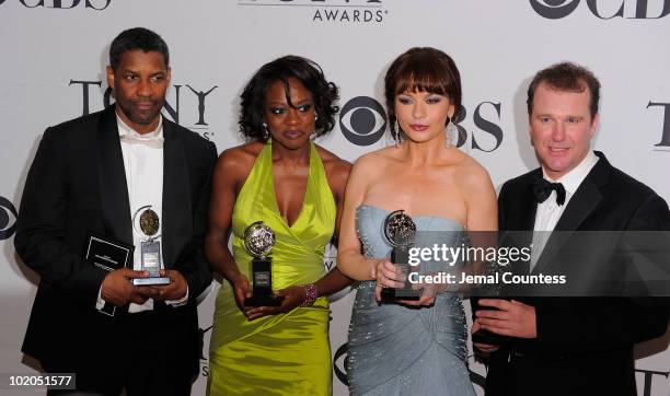 Denzel Washington, Viola Davis, Catherine Zeta-Jones and Douglas Hodge pose with their awards at the 64th Annual Tony Awards at The Sports Club/LA on...