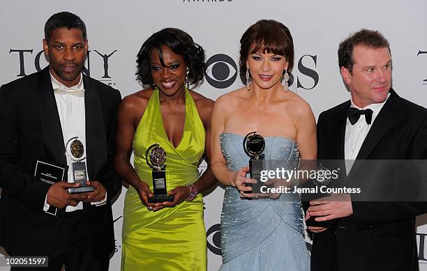 Denzel Washington, Viola Davis, Catherine Zeta-Jones and Douglas Hodge pose with their awards at the 64th Annual Tony Awards at The Sports Club/LA on...