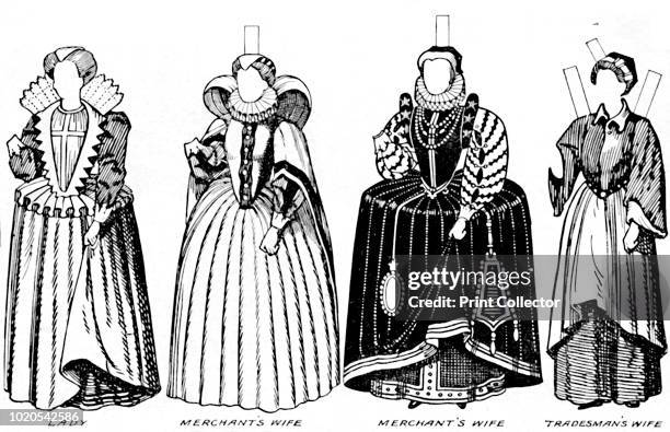 The Great Gallery of Costume: Varied Dresses Worn in the Days of Elizabeth', circa 1934. Illustration of costume worn during the reign of Queen...