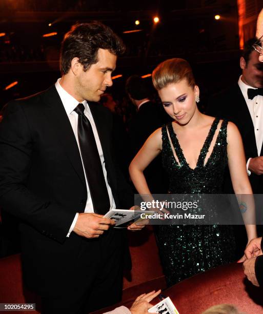 Ryan Reynolds and Scarlett Johansson in the audience at the 64th Annual Tony Awards at Radio City Music Hall on June 13, 2010 in New York City.