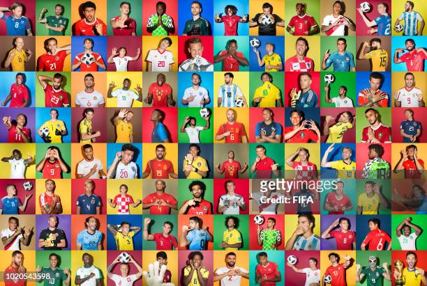 In this composite image players from all 32 competing teams pose from the 2018 FIFA World Cup Russia portrait sessions in Russia.