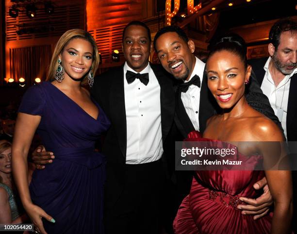 Beyonce, Jay-Z, Will Smith and Jada Pinkett Smith in the audience at the 64th Annual Tony Awards at Radio City Music Hall on June 13, 2010 in New...
