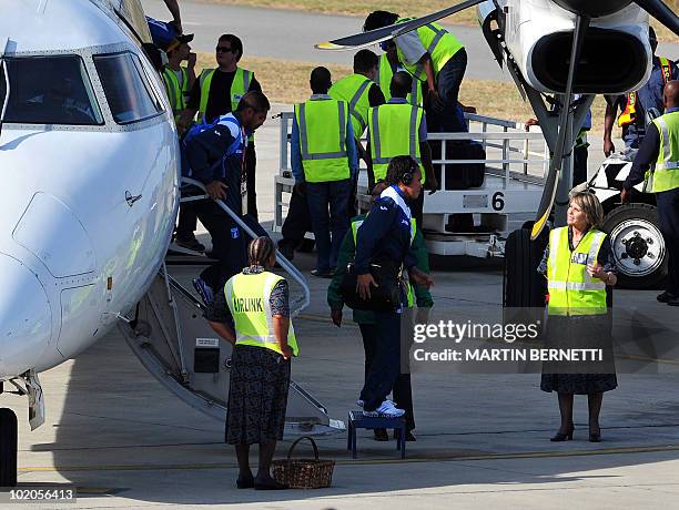 Members of the Honduras national football team arrive at Kruger International Airport in Nelspruit on June 14, 2010 for preparations ahead of their...