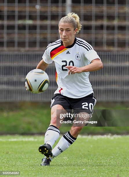 Bianca Schmidt of Germany shoots during the DFB women's U20 match between Germany and USA at the Ludwig-Jahn-Stadion on June 13 2010 in Herford,...