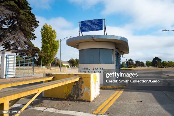 Peeling, faded paint at the entry kiosk at the defunct Alameda Naval Air Station , a former US Navy base on Alameda Island, Alameda, California,...