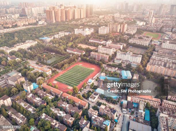 aerial view of sichuan university in chengdu, china - chengdu - fotografias e filmes do acervo