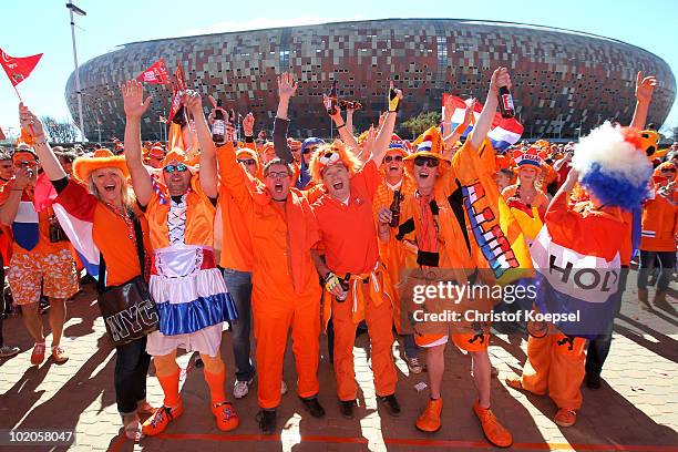 Dutch fans enjoy the atmosphere ahead of the 2010 FIFA World Cup Group E match between Netherlands and Denmark at Soccer City Stadium on June 14,...