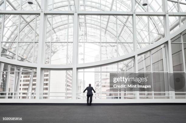 a man standing in an open space in a glass atrium in an office building, leaning on a railing, rear view. - atrio-característica-arquitectónica fotografías e imágenes de stock