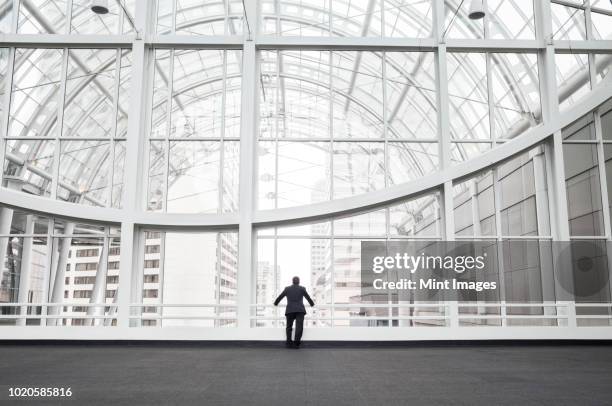 a man standing in an open space in a glass atrium in an office building, leaning on a railing, rear view. - meeting candid office suit stock pictures, royalty-free photos & images