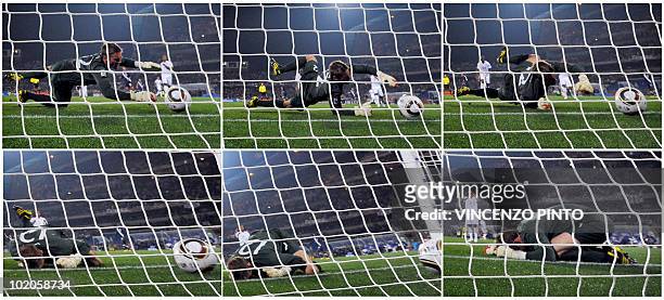 Combination of images shows England's goalkeeper Robert Green failing to block a shot by US midfielder Clint Dempsey during their Group C first round...