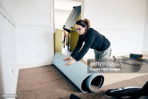 woman rolling up old carpet in preparation to renew flooring - carpet roll stock-fotos und bilder