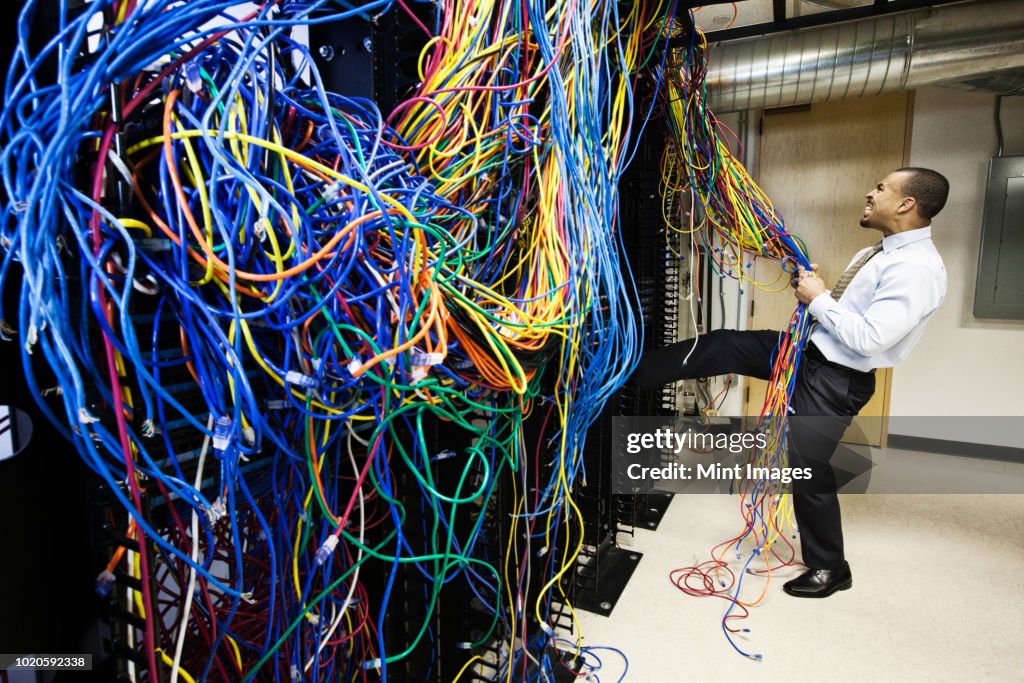 A Black Male Technician Pulling On A Tangled Mess Of Cat 5 Cables In A ...