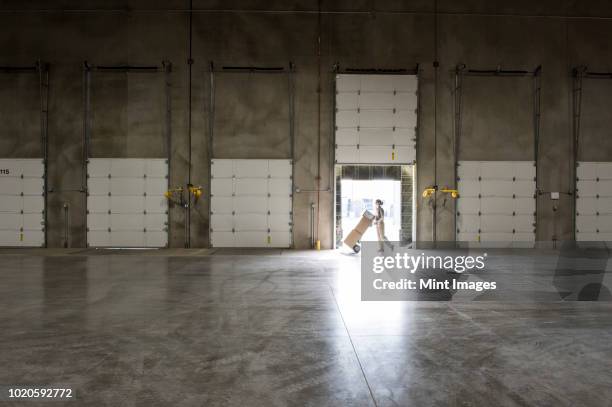 a warehouse worker with a hand truck walking past an open loading dock door in a large distribution warehouse. - loading dock stock pictures, royalty-free photos & images
