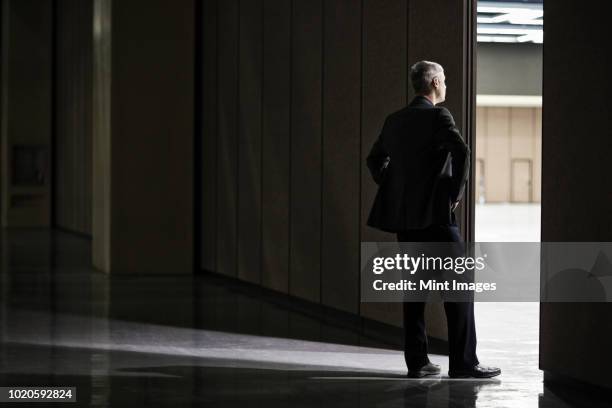 businessman standing in a doorway between rooms in a convention centre arena. - mann anzug von hinten stock-fotos und bilder