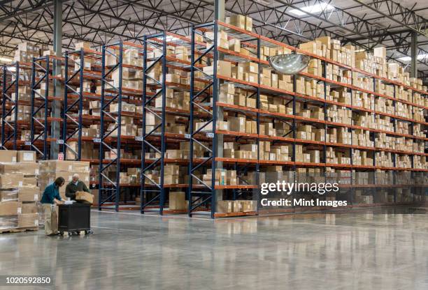 two employees checking inventory beside racks of boxes in temporary storage in a distribution warehouse. - distribution warehouse stock-fotos und bilder