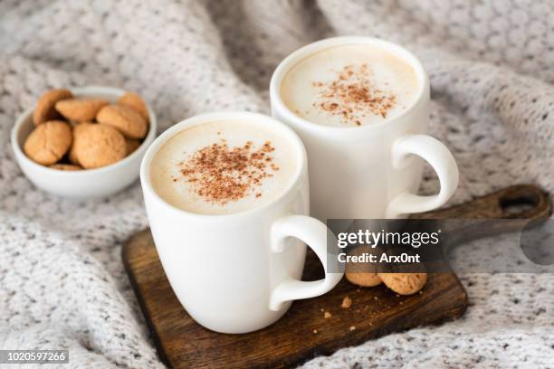 cappucino or latte with cinnamon and cookies - sugary coffee drink stock pictures, royalty-free photos & images