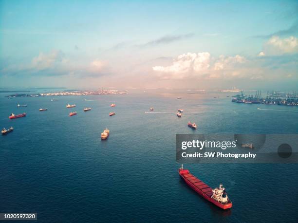 cargo ships on the ocean area near singapore - blue bay stockfoto's en -beelden